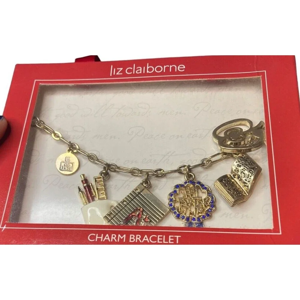 Teacher charm bracelet apple books paper cup pencils NIB Claiborne boho cute